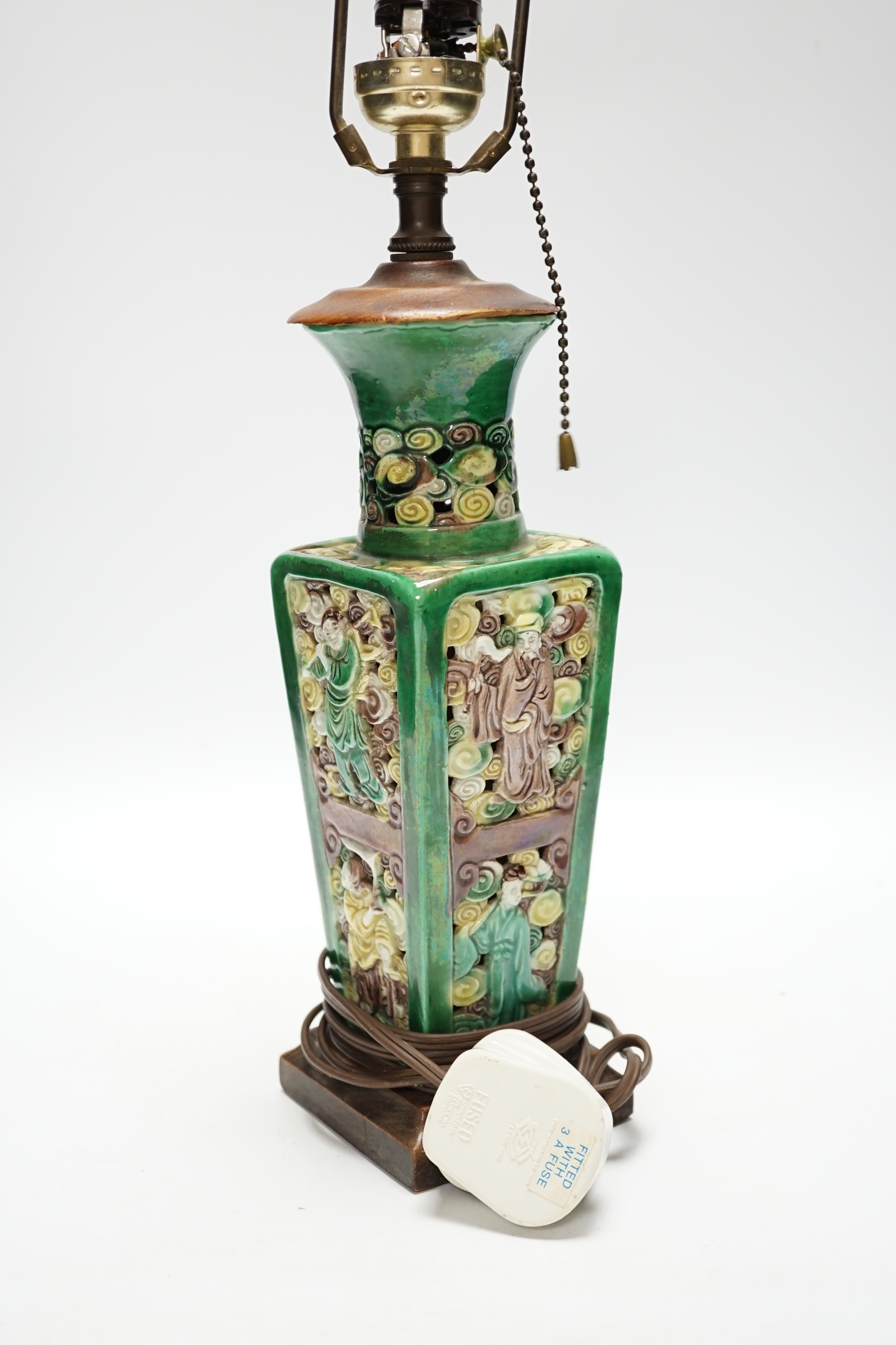 A Chinese sancai glazed square vase, early 20th century, mounted as a lamp, vase 23cm excluding fittings